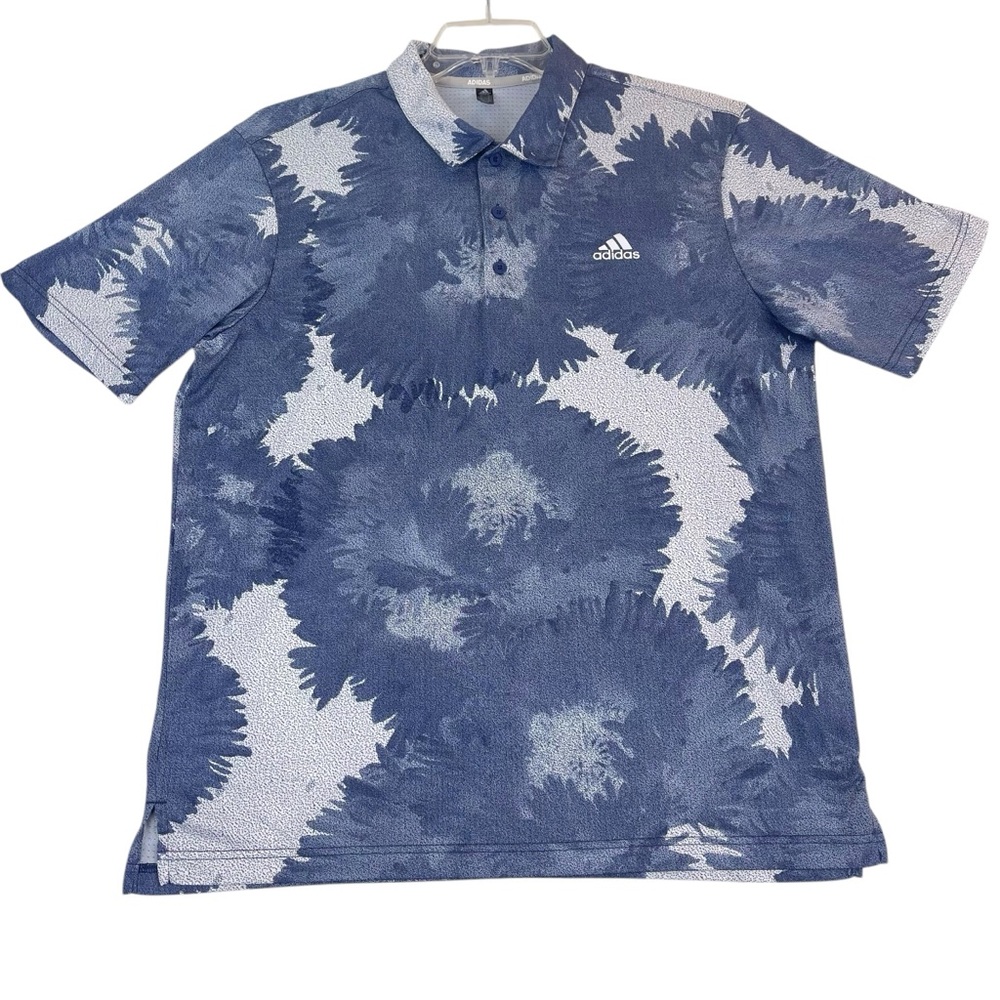Adidas Golf Geometric Flower Mesh Polo Shirt Mens L Blue Wicking Lightweight